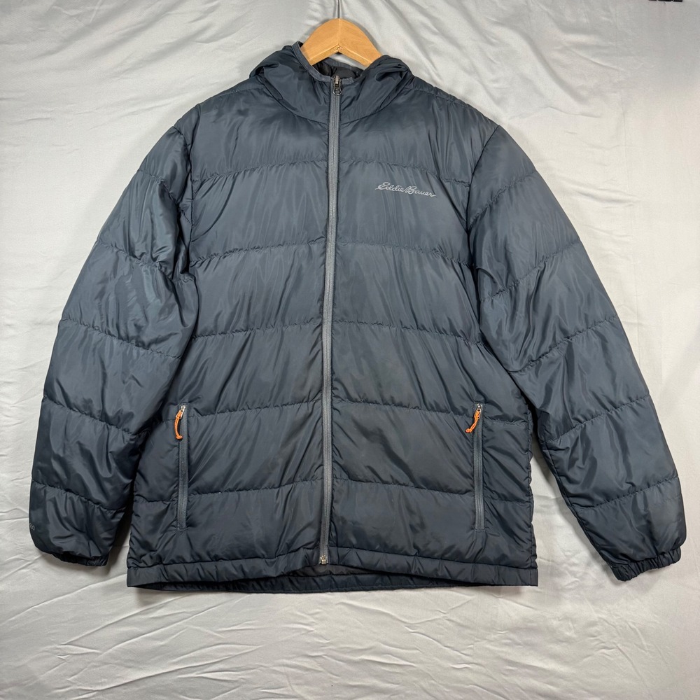 Eddie Bauer Mens L Wide Channel Hooded Down Puffer Jacket Dark Gray Gorpcore